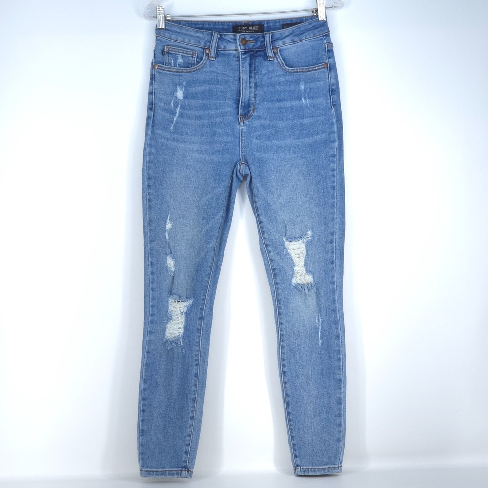 Judy Blue Tummy Control Top Skinny Fit Jeans Women 7/28 Denim Distressed Stretch